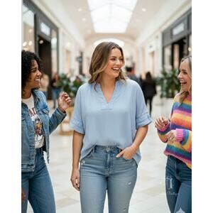 Well‎ Worn Baby Blue Viscose Ruffle Sleeve Blouse - (Size L) (B0471)